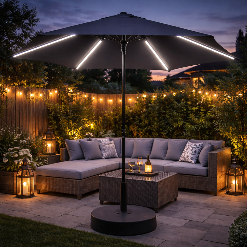 free standing patio umbrella uk 2.7m LED Solar Garden Parasol | Crank & Tilt