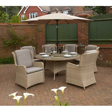 Vouvant Rattan Round 1.5mTable Dining Set 6 chairs Latte